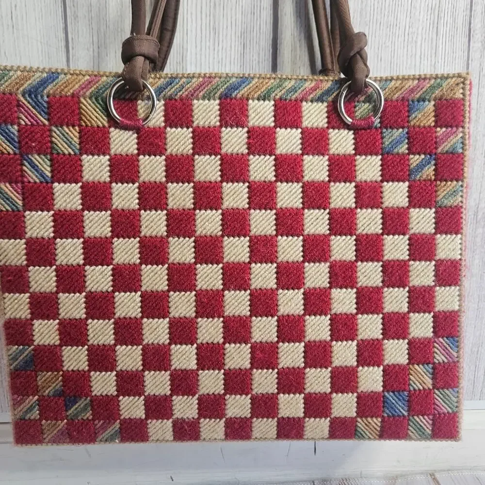 Vintage Handmade Kitschy Woven Yarn Crochet Plastic Tote, 13x10.5x3